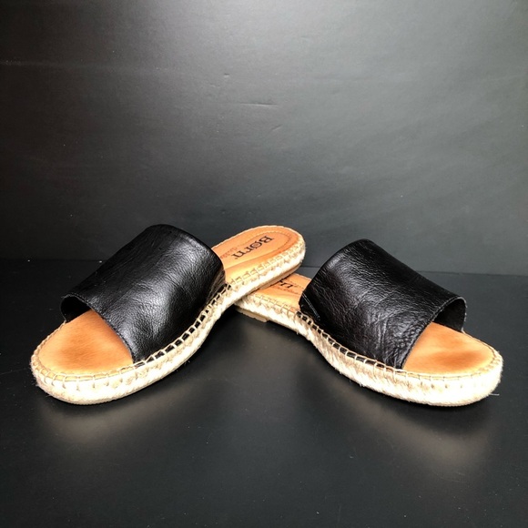 Born Drilles Sandals Women’s 10 Black Leather San Benito Flat Espadrille Slides - Picture 1 of 9